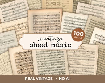 May include: A collection of vintage sheet music pages with musical notes and text. The image features a variety of aged paper sheets with handwritten musical notations. Text on the image reads "vintage sheet music", "100 pages", "Real Vintage - No AI".