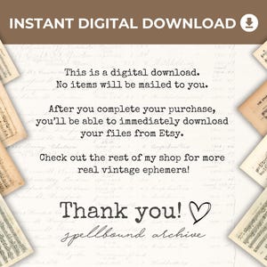 May include: An image featuring vintage sheet music arranged around a central text panel. The text reads "INSTANT DIGITAL DOWNLOAD" and provides information about the digital download process. The background is a faded, textured paper.