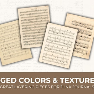May include: Four sheets of aged sheet music with visible musical notes and staves. The paper has a vintage, yellowed appearance, suggesting age. The text "AGED COLORS & TEXTURES" is displayed below the sheets.
