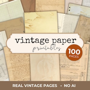 100 imprimibles de papel vintage/efímeras para diarios, scrapbooking, manualidades/páginas de libros vintage auténticas - SIN IA/Descarga digital