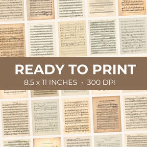 May include: A collection of vintage sheet music pages with musical notation, arranged in a grid pattern. The pages have a yellowed, aged appearance. Text on a brown banner reads "READY TO PRINT" and dimensions of 8.5 x 11 inches, 300 DPI.