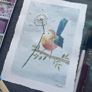 Kleiner Vogel wünscht sich etwas — Original-Aquarell mit gestickten Details —