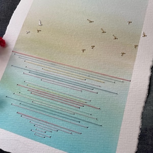 Meer aus Gold — Original-Aquarellgemälde, handgemalt und bestickt —