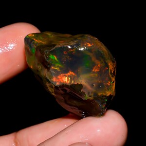 Könnte beinhalten: Ein roher, ungeschliffener schwarzer Opal-Edelstein mit lebendigem inneren Feuer. Der Opal zeigt Blitze von roten, grünen und orangen Farbtönen in seinem dunklen, durchscheinenden Körper. Der Edelstein wird zwischen Fingern vor schwarzem Hintergrund gehalten.