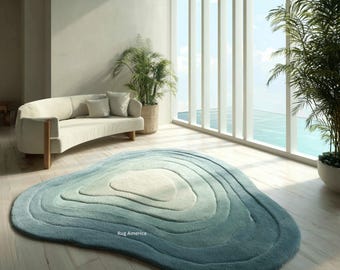 Hand-Tufted Wool Rug | Irregular Ocean Wave Design, Aqua Tones
