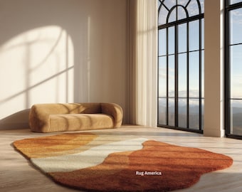 Alfombra de lana tejida a mano / Tonos tierra abstractos, forma irregular moderna