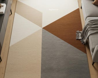 Modern Neutral Geometric Rug | Beige, Brown & Grey Area Carpet | Minimalist Living Room Decor | Contemporary Floor Rug
