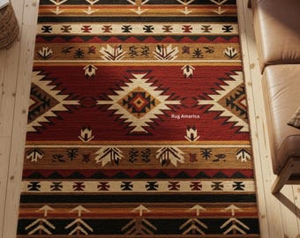 Southwestern Area Rug | Rustic Native Pattern Carpet | Brown Tribal Geometric Boho Decor | Lodge Cabin Style Rug