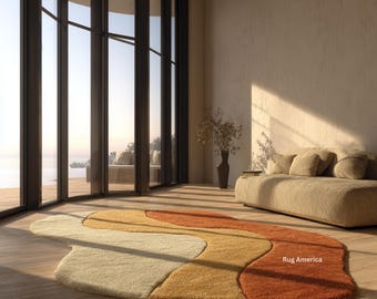 Abstract gegolfd wollen vloerkleed | Crème, mosterd, roest, gebeeldhouwd organisch ontwerp