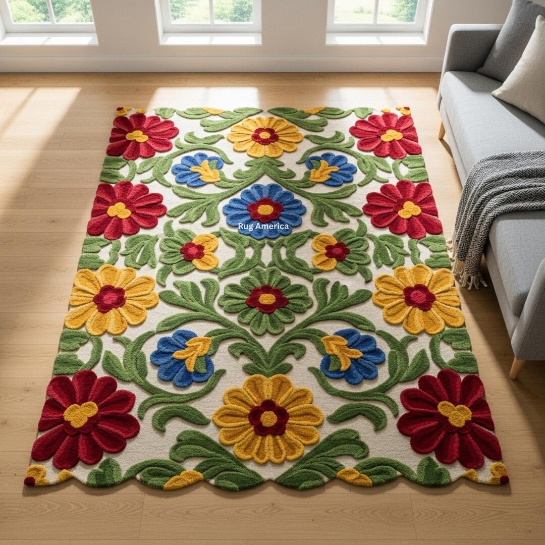 Colorful Floral Moonlight Area Rug | Vibrant Flower Carpet for Living ...