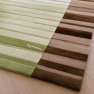 Pu&ograve; includere: Un tappeto rettangolare con un design a righe. Il tappeto &egrave; diviso in due sezioni, una con sfumature di verde e l'altra con sfumature di marrone. Il testo "Rug America" &egrave; visibile sulla sezione verde.