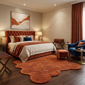 May include: A bedroom scene featuring a large, tufted, rust-colored bed with a cream-colored comforter and matching throw pillows. A patterned rug in a similar rust color sits on the dark wood floor. A blue armchair and side table complete the room's decor.