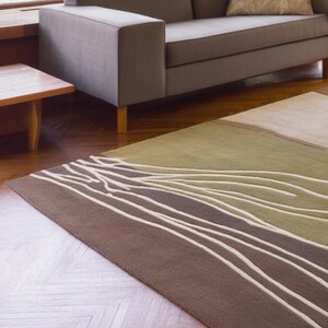 May include: A rectangular area rug with a brown, green, and beige color scheme. The rug features a design of white, curved lines against a brown background, with a green and beige section. The rug is placed on a hardwood floor.
