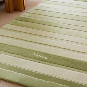 Pu&ograve; includere: Un tappeto a righe verdi e beige. Il tappeto presenta bande alternate di verde chiaro e scuro, creando un motivo lineare strutturato. Il testo "Rug America" &egrave; visibile sul tappeto.