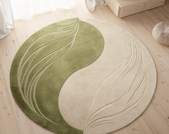 Tappeto Yin Yang in lana trapuntato a mano / Decorazione circolare per la casa ispirata alla natura, verde crema