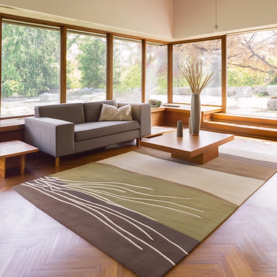 Modern Abstract Rug – Earth Tone Wool Rug in Green, Brown, and Beige