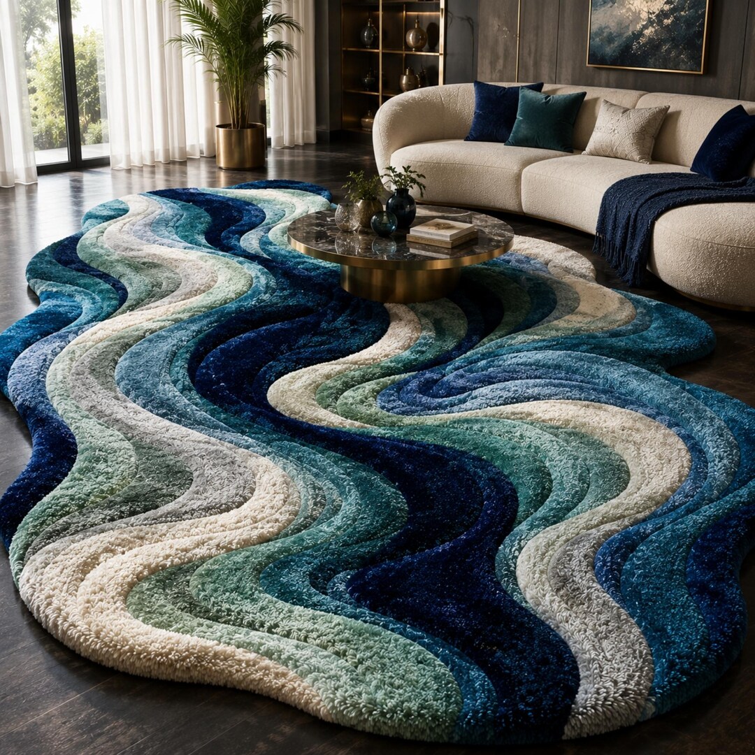 Coastal Ocean Wave Blue Abstract Irregular Hand Tufted Rug - Etsy