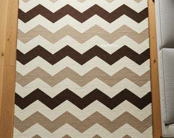 Chevron Area Rug | Brown & Beige Zigzag Carpet | Modern Neutral Living Room Decor | Soft Textured Handmade Floor Rug
