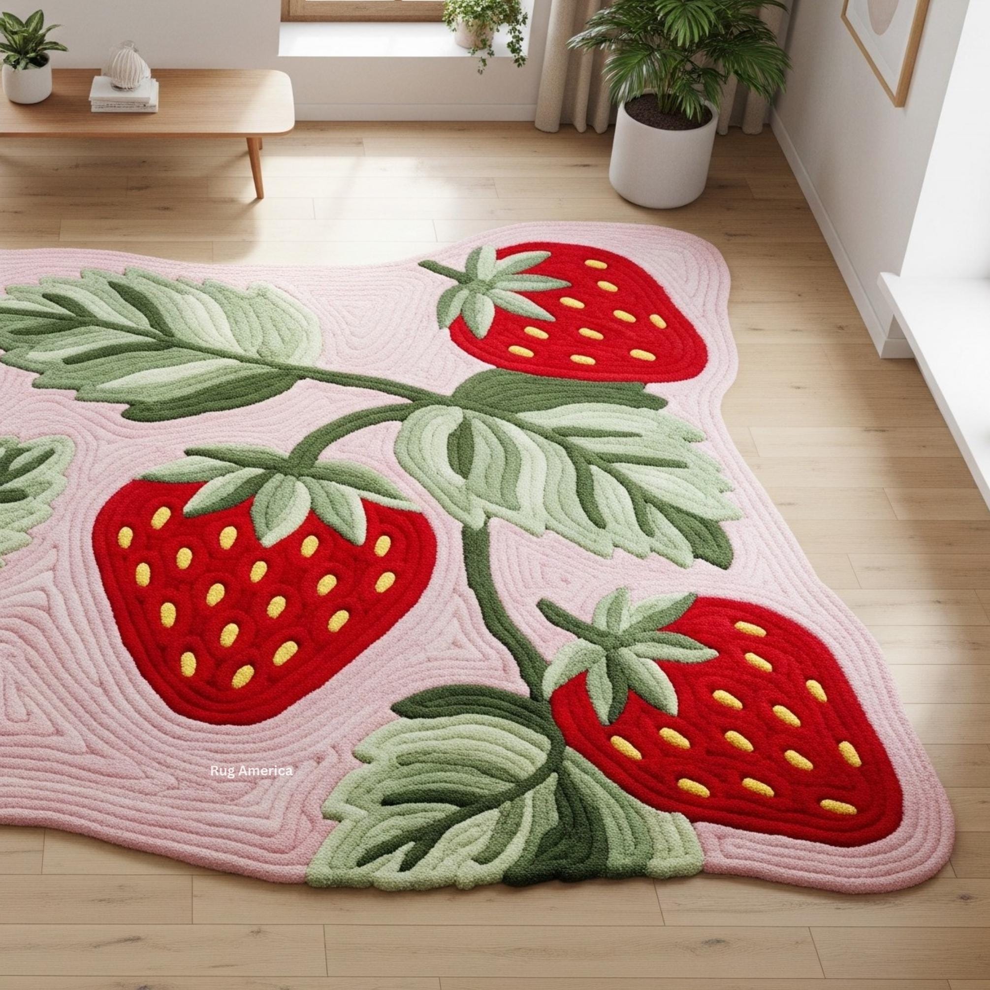 Strawberry Rug | Hand-tufted Wool Fruit Carpet | Pink and Red Statement ...