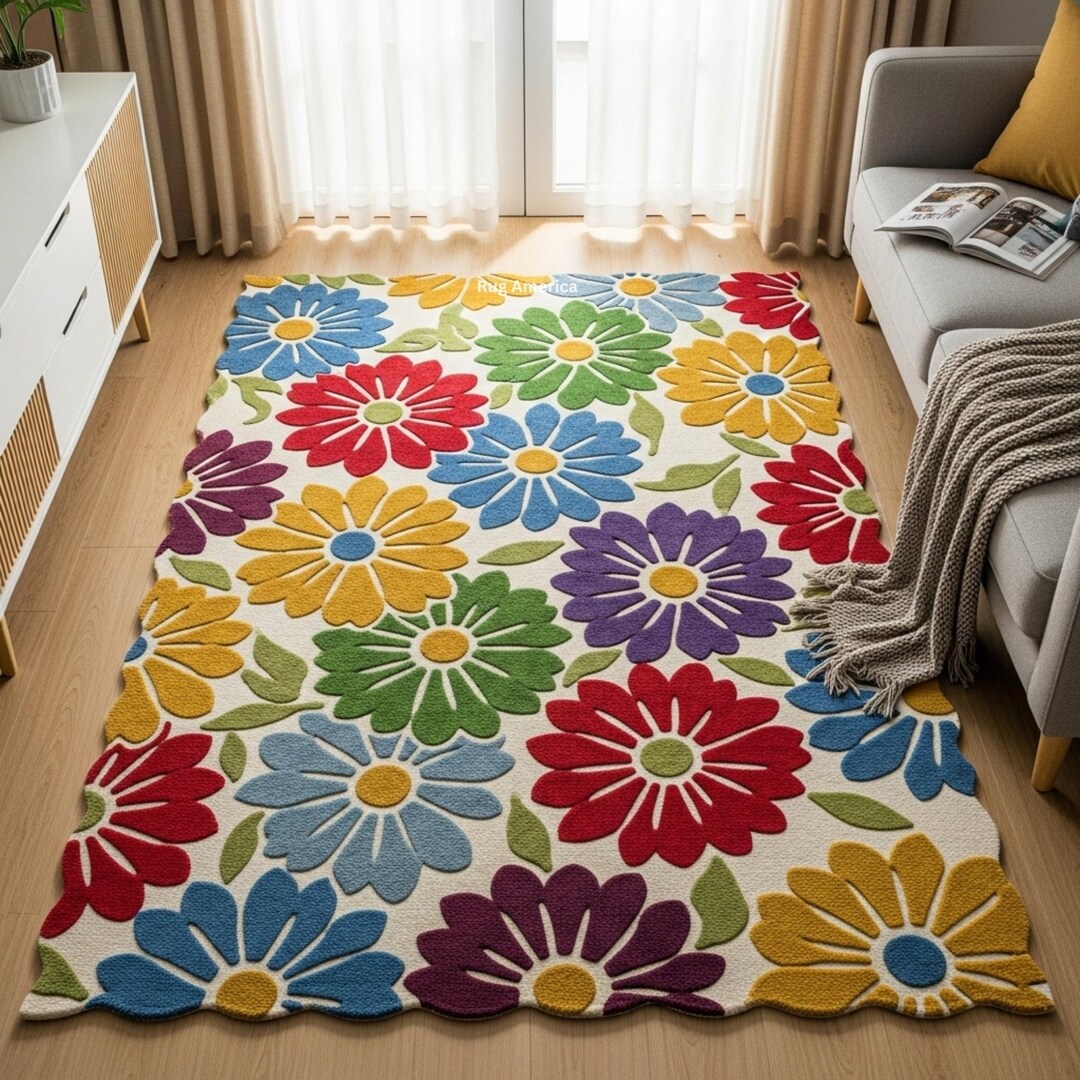 Flower Pattern Rug Design Colorful Floral Area Rug | Multicolor Daisy Carpet | Vibrant Flower ...