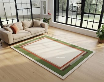 Hand-Tufted Wool Area Rug | Modern Border, Green and Terracotta