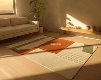 Hand-Tufted Wool Area Rug | Terracotta & Sage Green Geometric Design