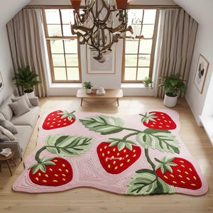 Pode incluir: Um tapete rosa em forma de planta de morango, com morangos vermelhos grandes com sementes amarelas e folhas verdes. O tapete está colocado sobre um chão de madeira numa sala luminosa com um sofá e plantas.