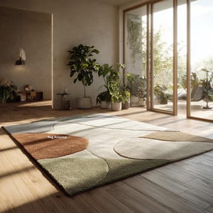 May include: A large area rug with an abstract design in shades of brown, green, and gray. The rug features a soft, textured surface and is placed on a wooden floor. The text "Rug America" is visible.