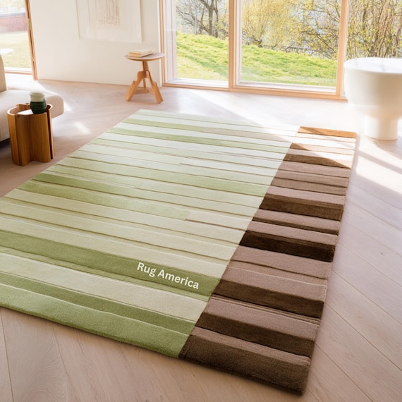 Nature Inspired Rug – Hand Tufted Wool Rug with Green and Brown Stripes