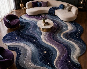 Tappeto Galaxy in lana trapuntato a mano, forma irregolare / Design ondulato a stelle celestiali, soggiorno di lusso