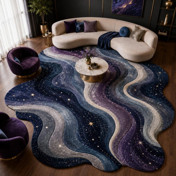 Hand Tufted Wool Galaxy Irregular Shape Rug | Celestial Star Wavy Design, Luxury Living Room