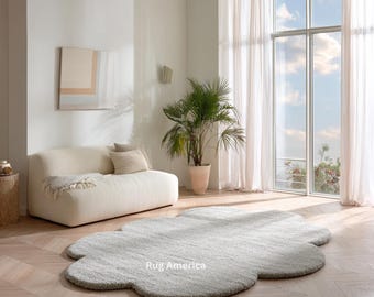 Alfombra de lana tejida a mano con diseño de nube / Alfombra suave color crema con borde festoneado para sala de estar