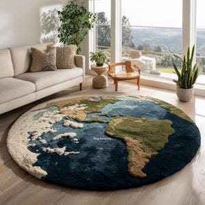 Puede incluir: Una alfombra redonda con un mapa del mundo. La alfombra presenta tonos azules para los océanos, verdes para las masas terrestres y beige para los continentes. Está colocada sobre un suelo de madera clara en un salón.