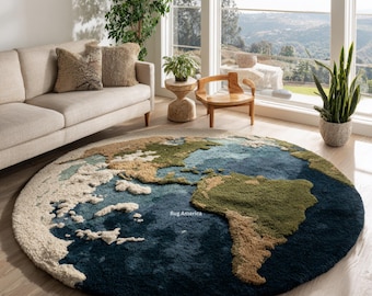 Tappeto rotondo in lana trapuntato a mano – Motivo mappa della Terra
