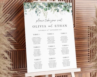 Eucalyptus Wedding Table Plan Template, Elegant Seating Chart (Digital Download)