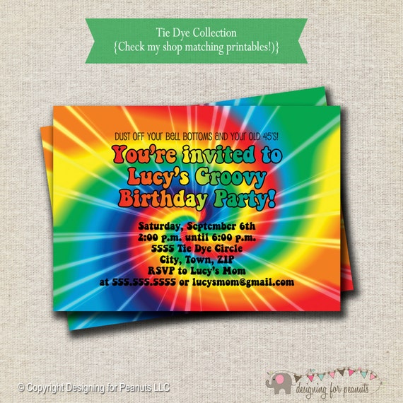 rainbow tie dye birthday party invitation 60s 70s hippy etsy
