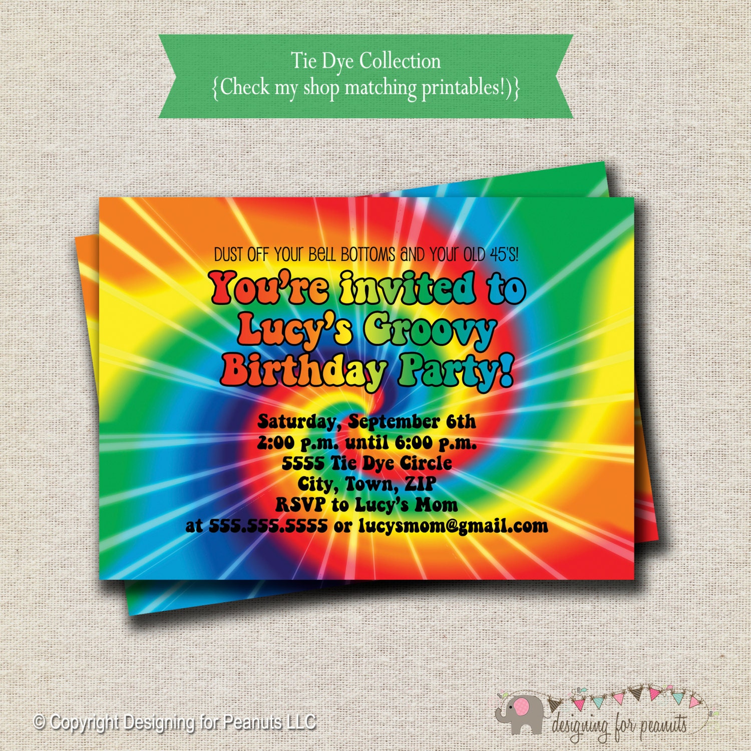 Rainbow Tie Dye Birthday Party Invitation 60s 70s Hippy Etsy