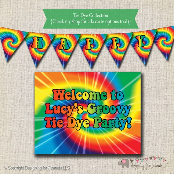 tie dye birthday party kit printable invitation thank you card banner sign party circles favor tags food drink labels tie dye birthday