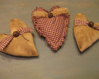 Primitive Heart Bowl Fillers - Set of 3 - Muslin & Homespun Grungy Fabric Stuffed Hearts - Primitive Valentine's Day - Wedding - Anniversary