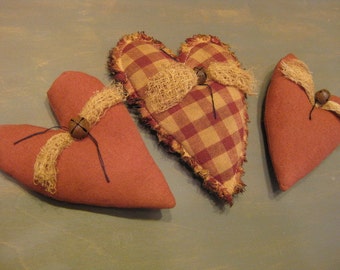 Primitive Fabric Heart Bowl Fillers - 3 Grungy Stuffed Hearts - Primitive Valentine's Day Decor - Maroon & Homespun - Wedding or Anniversary