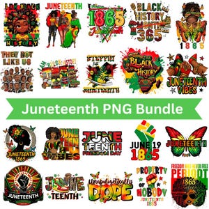 May include: A collection of colorful Juneteenth-themed PNG graphics. The designs include illustrations of people, butterflies, and text such as "1865", "Black History", and "Juneteenth Vibes". The bundle is perfect for digital art projects.
