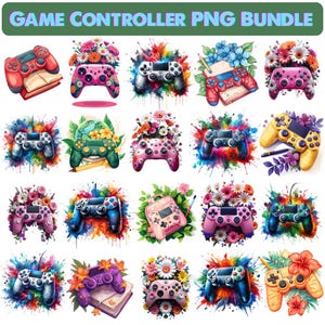 May include: A collection of colorful game controller PNG images. Each controller is decorated with flowers and vibrant paint splatters. The text "GAME CONTROLLER PNG BUNDLE" is at the top.