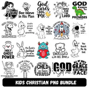 Könnte beinhalten: Eine Sammlung von schwarz-weißen PNG-Grafiken mit christlichen Themen für Kinder. Die Bilder zeigen Zeichentrickfiguren, inspirierende Zitate und religiöse Symbole. Der Text "KIDS CHRISTIAN PNG BUNDLE" steht unten.