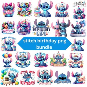 Puede incluir: Un conjunto de imágenes PNG coloridas con el personaje Stitch en temática de cumpleaños. Stitch aparece con pasteles, globos y sombreros de fiesta. El texto incluye "Happy Birthday" y "Birthday Girl".