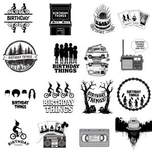 Peut inclure: Une collection de graphismes en noir et blanc avec le texte "Birthday Things". Les motifs comprennent des silhouettes de vélos, une borne d'arcade, un gâteau, une radio, une cassette et d'autres illustrations thématiques.