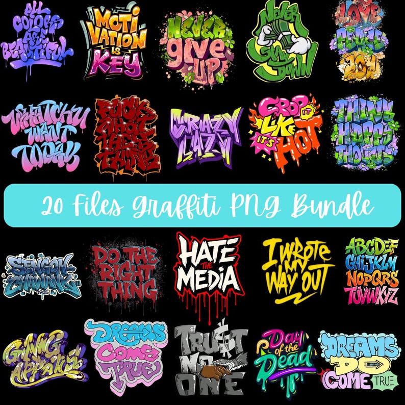 Graffiti Motivation Quotes PNG Bundle, Urban Street Art Graphics ...