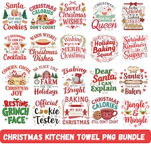 May include: A collection of Christmas-themed designs with text and illustrations. The designs include phrases like "Santa," "Christmas Calories," and "Baking Queen." The color palette includes red, green, and white, perfect for kitchen towels.