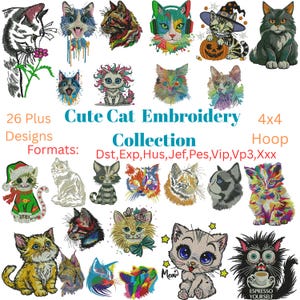 Blumige Katze Stickmuster: Bunt Stickdatei (PES, DST)
