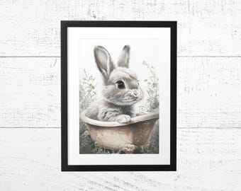 Cottagecore Bunny in Bathtub Print: Whimsical Pastel Bathroom or Nursery Decor (Digital Download)