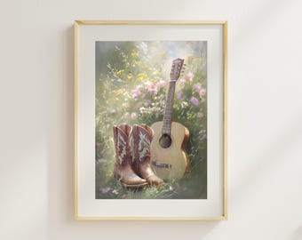 Countrymuziekkunstprint: cowboylaarzen, gitaar, wilde bloemen (digitale download)